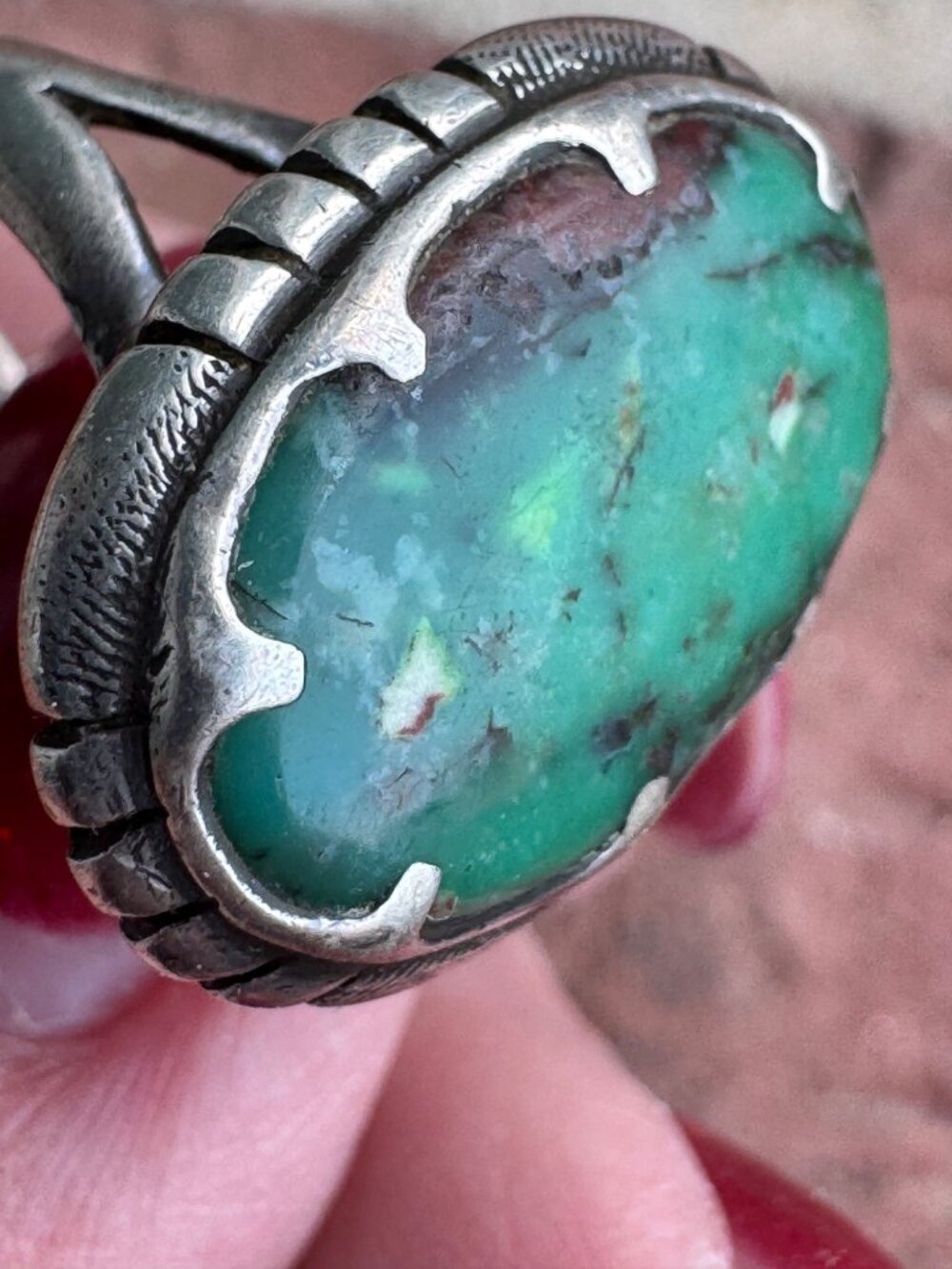 Sterling Silver Green Turquoise Ring Size 7 Oval Nugget Stone Southwest Style - Picture 3 of 13